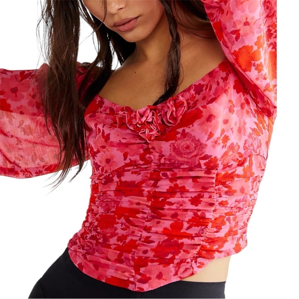 Free People NWT Oh LaLa Top Pink Floral 3D Rosette Chiffon Blouse Size XS